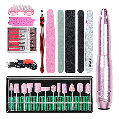 Electric Nail Art Drill Kit for Acrylic Electrical Nail Art Polishing Tools Kit Portable Nail File Manicure for Nail Art Solon and Home Use with 12Pcs Nail Drill Bits(Metal)