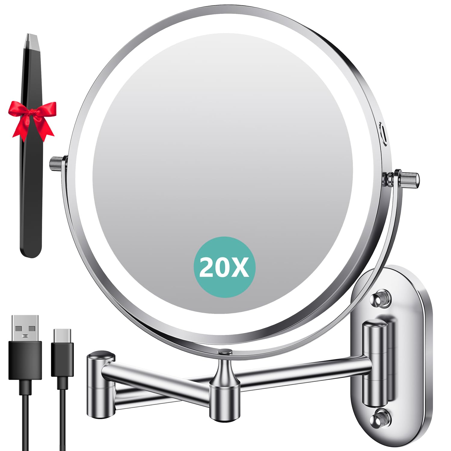 Auxmir 1X/20X Wall Mounted Makeup Mirror with Light, 8" Rechargeable Double-Sided Magnifying Mirror, Vanity Mirror Dimmable 3 Color Light, 360° Extension Rotation Foldable 14.5 Inch Arm, Chrome