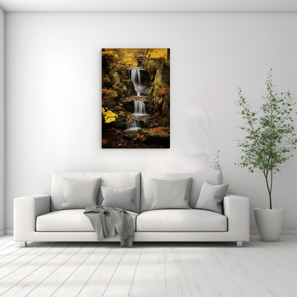 Canvas for Living room. Whispers of Autumn: A Serene Waterfall Oasis Amongst a Tapestry of Fall Colors, 27 x 18 inch Canvas Wall Art - Contemporary Masterpieces - Modern Home Decor