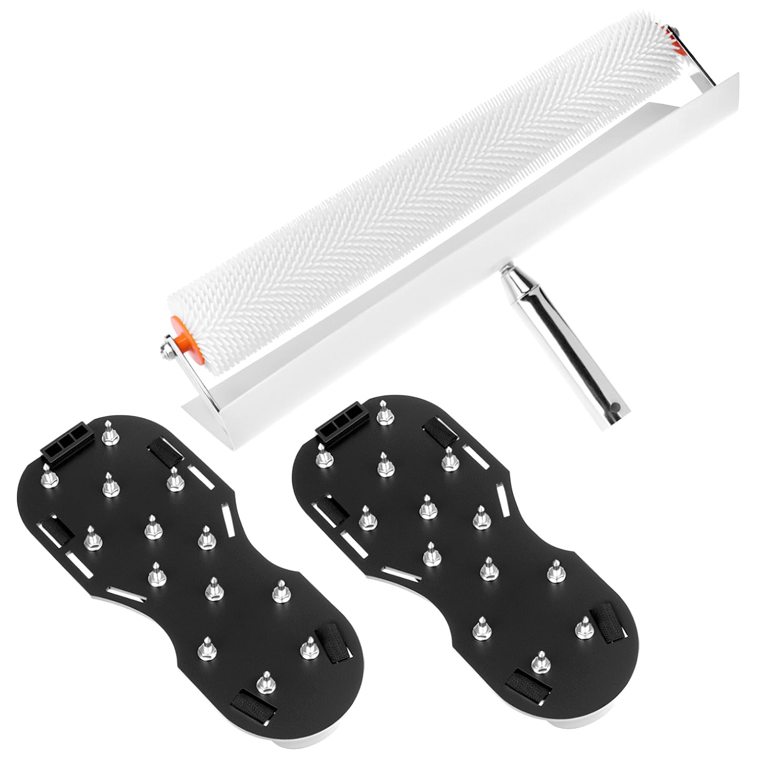 QWORK® Kit di Strumenti per Cemento Autolivellante, Gunite Spike Scarpe per epossidici Pavimenti,Rullo di ventilazione 50 cm con paraspruzzi