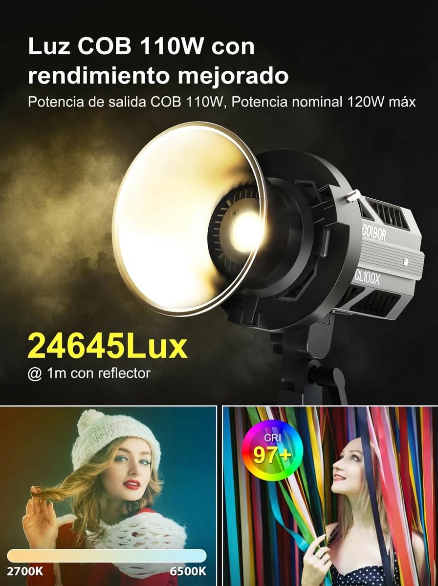 Luz de Video, COLBOR CL100X 110W COB Video Light Bicolor 2700k-6500K CRI97+ 10 Efectos de iluminación Continua Lámpara Studio con Montaje Bowens App Control, Luz-Video-Continua-Fotografía-LED