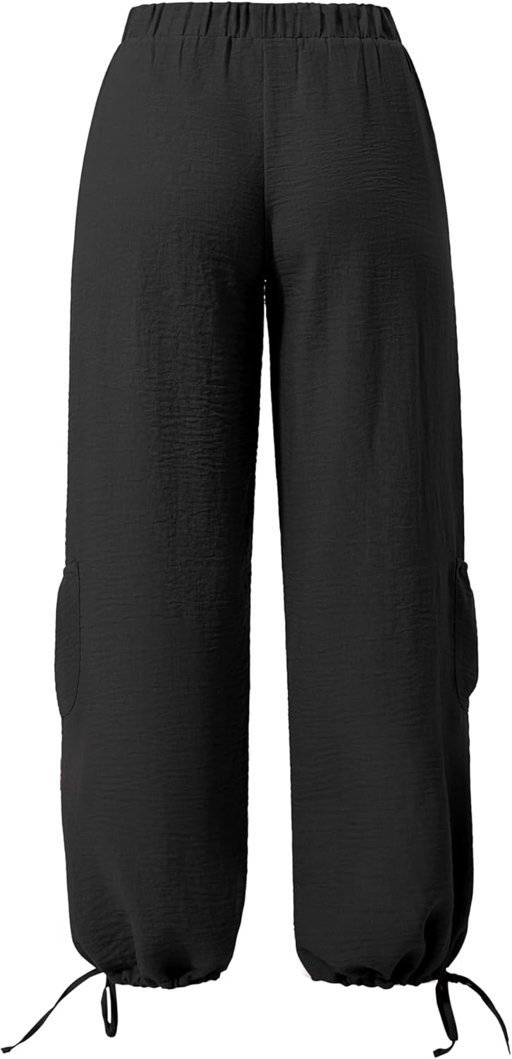 MOOSLOVER Women Linen Summer Cargo Pants Drawstring Pocket Straight Leg Trousers Beach Travel Palazzo Pant - Image 9
