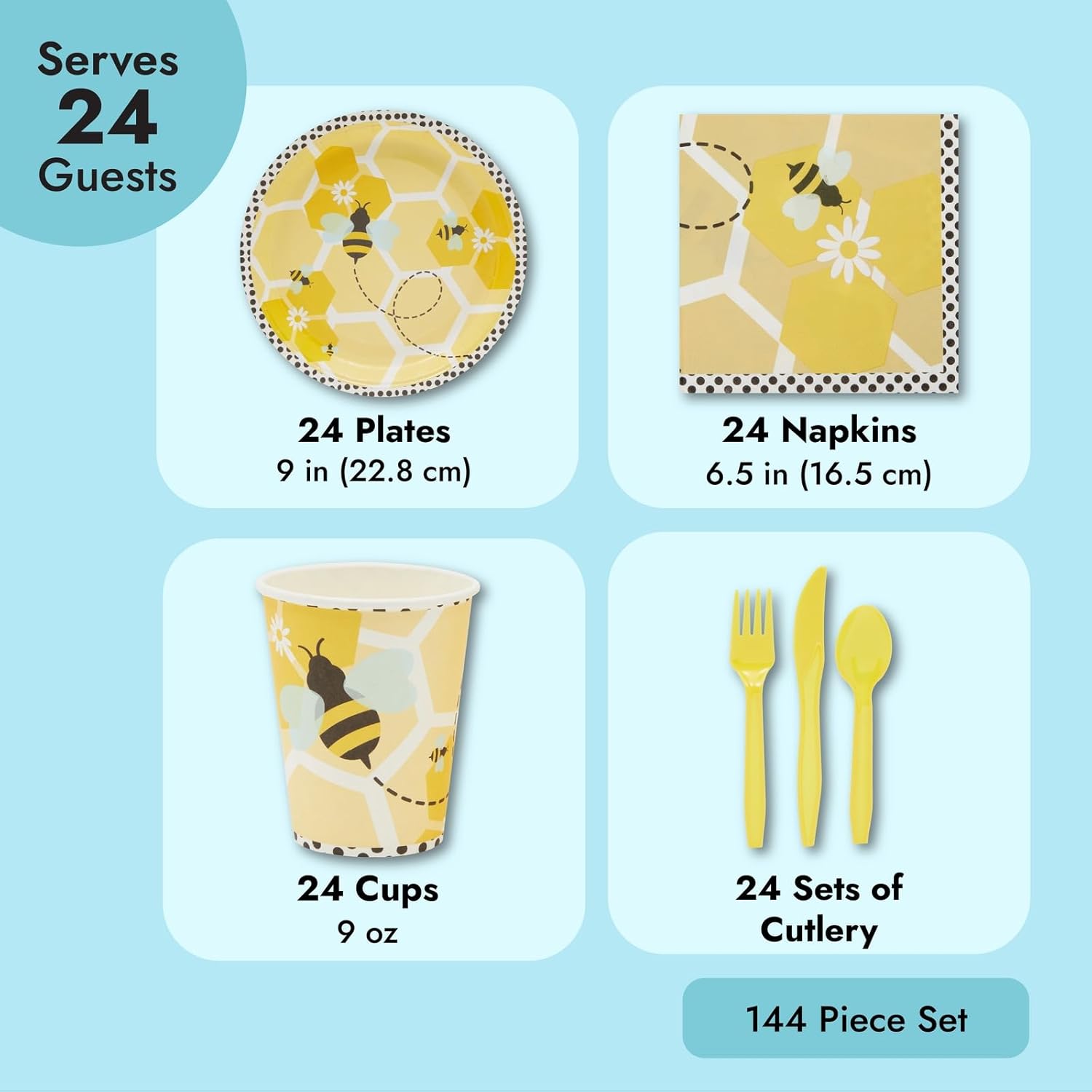 Yellow Bumble Bee Birthday Party Supplies Set - Plates, Napkins, Cups, and Cutlery