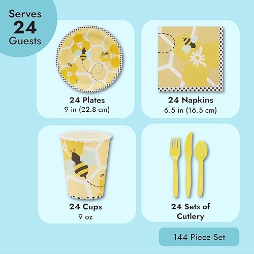 Miniatura 4 de 144 piezas de suministros de fiesta de abejorros – Sirve 24 platos de fiesta, servilletas, tazas y cubiertos para decoraciones de revelación