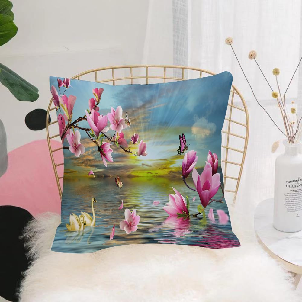 Hyosxw Magnolia Flower Butterfly Swan Reflection In - A7 Cushion Cover,Throw Pillow Case Home Decorative For Living Room Bedroom Sofa Chair 18X18 Inch,Magnolia Flower Butterfly Swan Reflection In Lake Water Zen Nature Scenery,Pillowcase 45X45cm