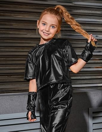 Perfashion Girls Metallic Shirts with Arm Sleeves, Shiny Crop Top for Dancing, Raves, Festivals, Costumes 4-15 Years