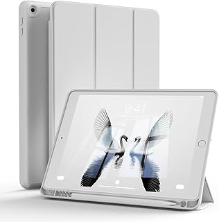 iPad 9世代 ケース 第9/8/7世代 10.2インチ ケース 2021/2020/2019モデル ペンホルダー付き 三つ折りスタンド 指紋防止 耐衝撃 軽量 薄型 柔らかい オートスリープ マイクロファイバー裏地 TPU PUレザー (グレー)