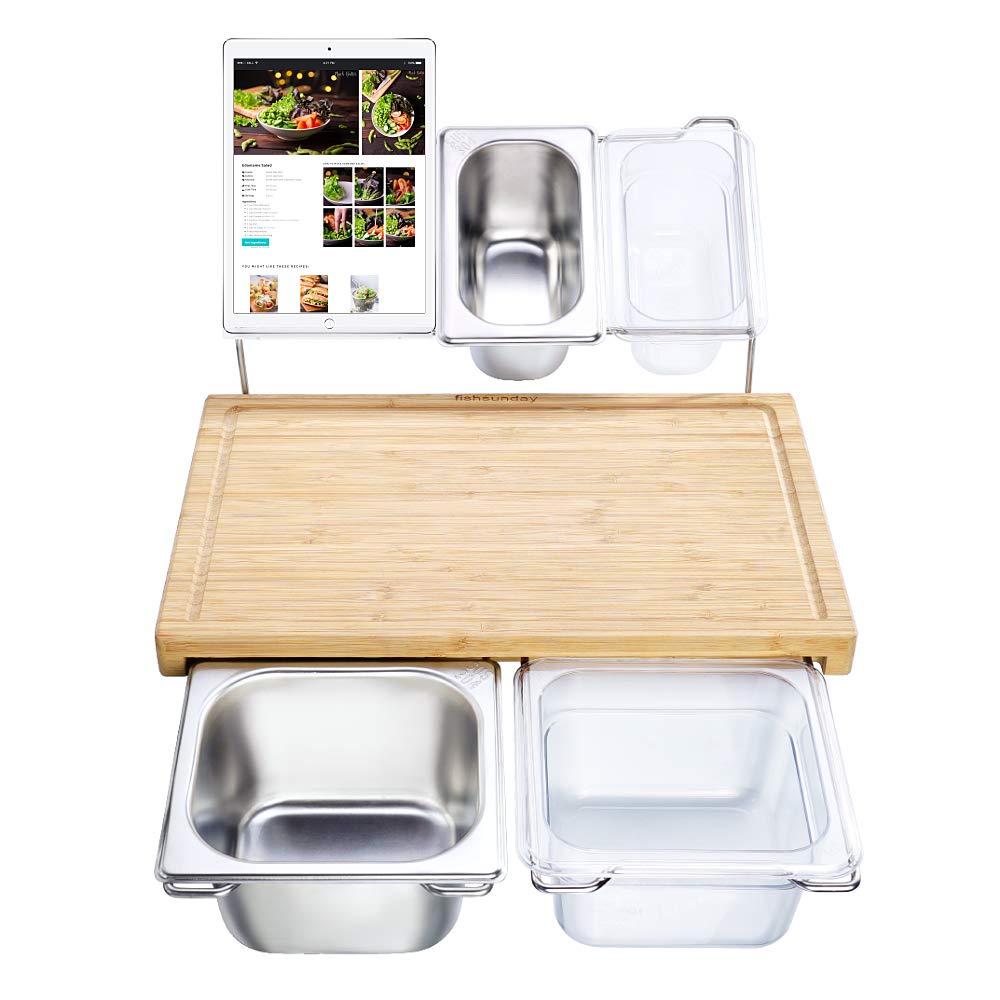 FISHSUNDAYBamboo Chopping Board Set with 4 Containers for Kitchen, FISHSUNDAY-Board