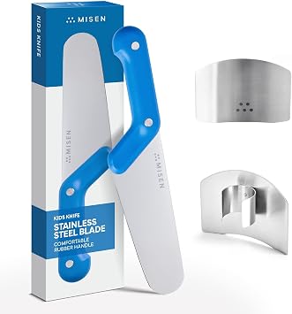 Misen Kids 5+ Knife with Finger Guard 4" Stainless Steel Learning Knife for Children - Rounded Tip, Soft Rubber Handle - Sharp, Durable Build for Beginner Food Prep - Blue