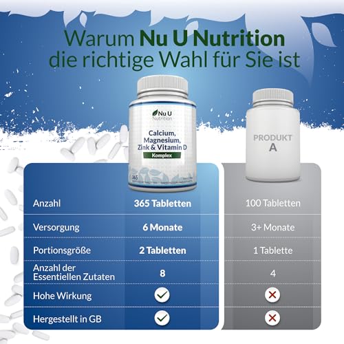 Calcium Magnesium Zink Hochdosiert - 365 Vegetarische Tabletten - 6 Monate - Kalzium Complex mit Vitamin D, Selen, Mangan, Bor & Kupfer - 800mg Calciumcarbonat pro Tagesdosis - Nu U Nutrition