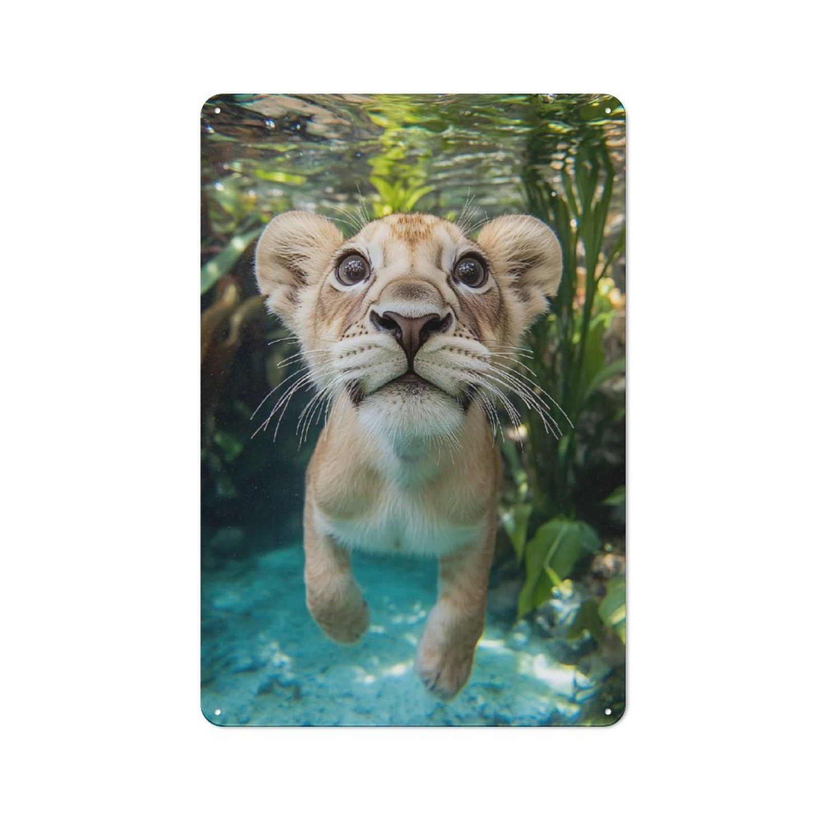 Junmoney Style-9 Retro Retro Metal Sign 30X20cm Featuring Lion Cub Swimming Underwater Close-Up, Garage Wall Decor For Garage, Hobby Room, Office Or Man Cave