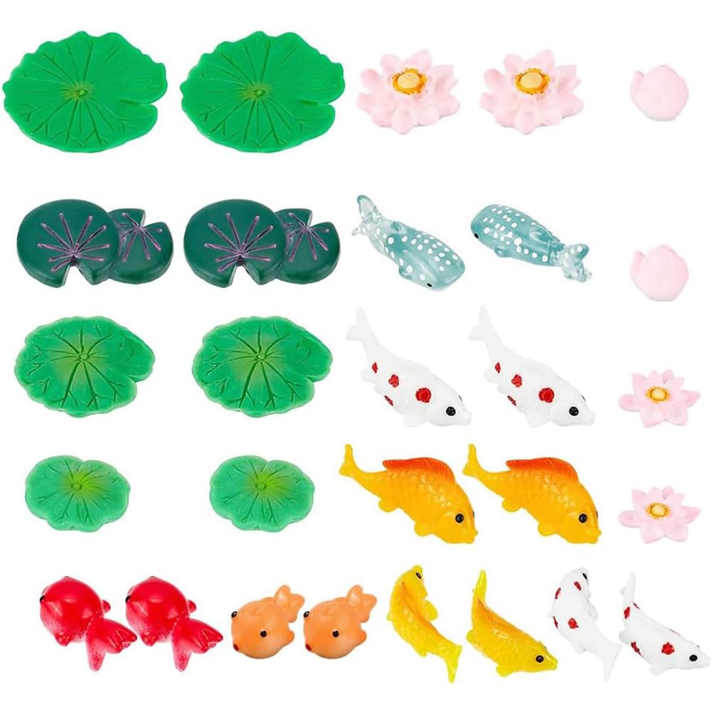 CHGCRAFT 28Pcs 14 Style Miniature Resin Water Lily Pads Aquarium Fish Tank Decoration Leaf-Realistic Artificial Floating Lotus Flowers for Terrariums Fairy Garden Pool Patio Pond Wedding Decor