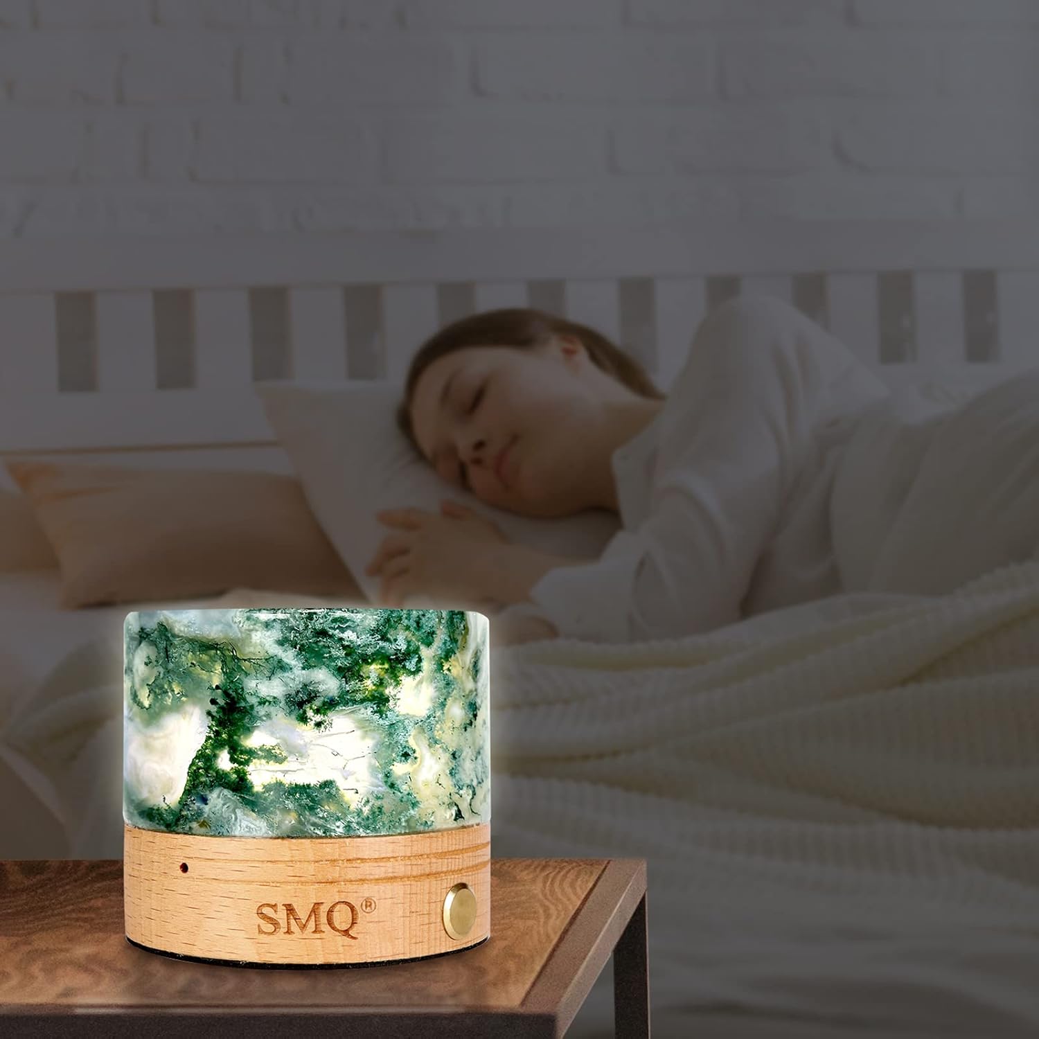 SMQ Moss Agate Crystal Night Light with USB Charging Port,Handmade Polished Healing Crystal Stones Lamp Cylindrical Touch Night Light for Living Room,Shelf,Office Decor