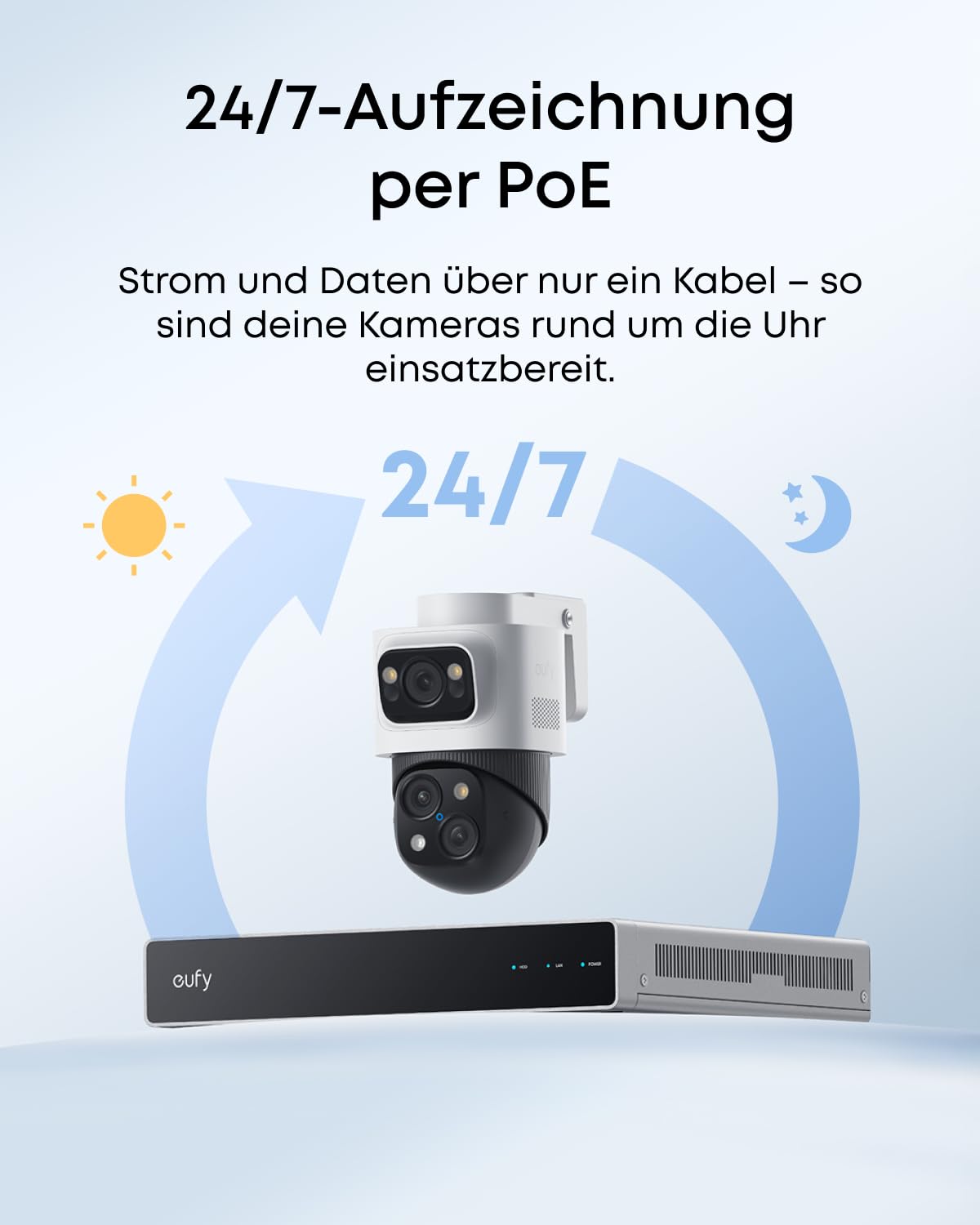 eufy PoE Bullet-PTZ-Kamera S4, Überwachungskamera Außen, Farbnachtsicht | 4K UHD, 24/7-Recordingeufy, 360° Schwenk/Neige, KI-Tracking, verkabelte Außenkamera, PoE Plug&Play, 3-Linsen, 122° Weitwinkel