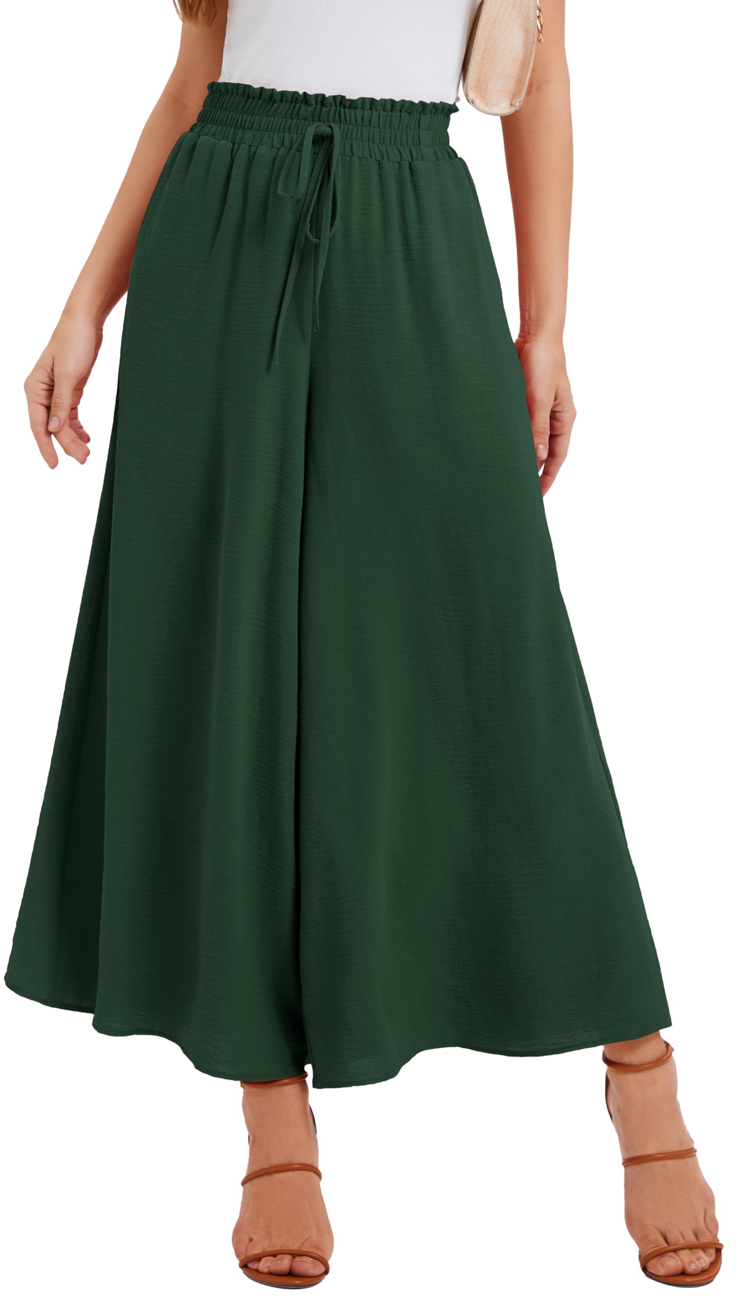 WUWUSKY Sommerhose Damen Leicht Lässige Palazzo Hose Elegant High Waist Baggy Freizeithose mit 2 Taschen