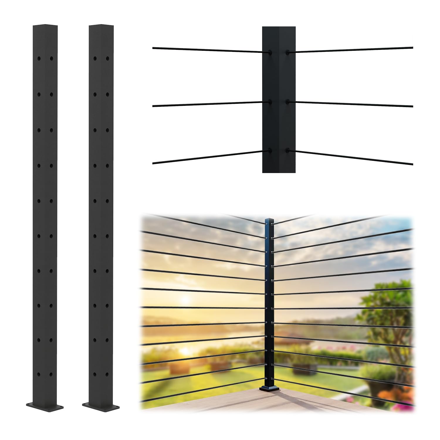 CHR Fence & Rail Cable Railing Post Set, 2pcs Black Cable Railing Corner Post, 36 inch Powder Coated Fence Post, Metal Posts for Cable Railing, Deck Railing, Porch, Balcony, & Indoor or Outdoor (36") 36" Top Mount Cable Post-Corner