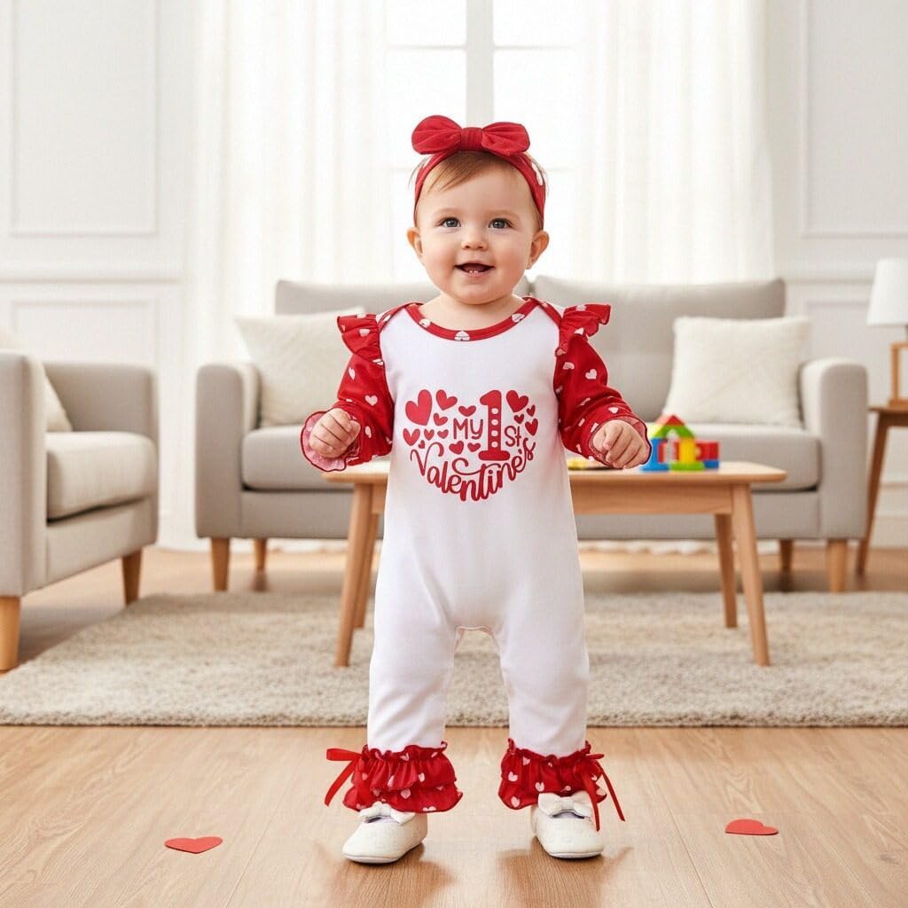 Unutiylo Baby Girl Thanksgiving Christmas Outfit My First Holidays Romper Ruffle Sleeve Jumpsuit with Headband Set