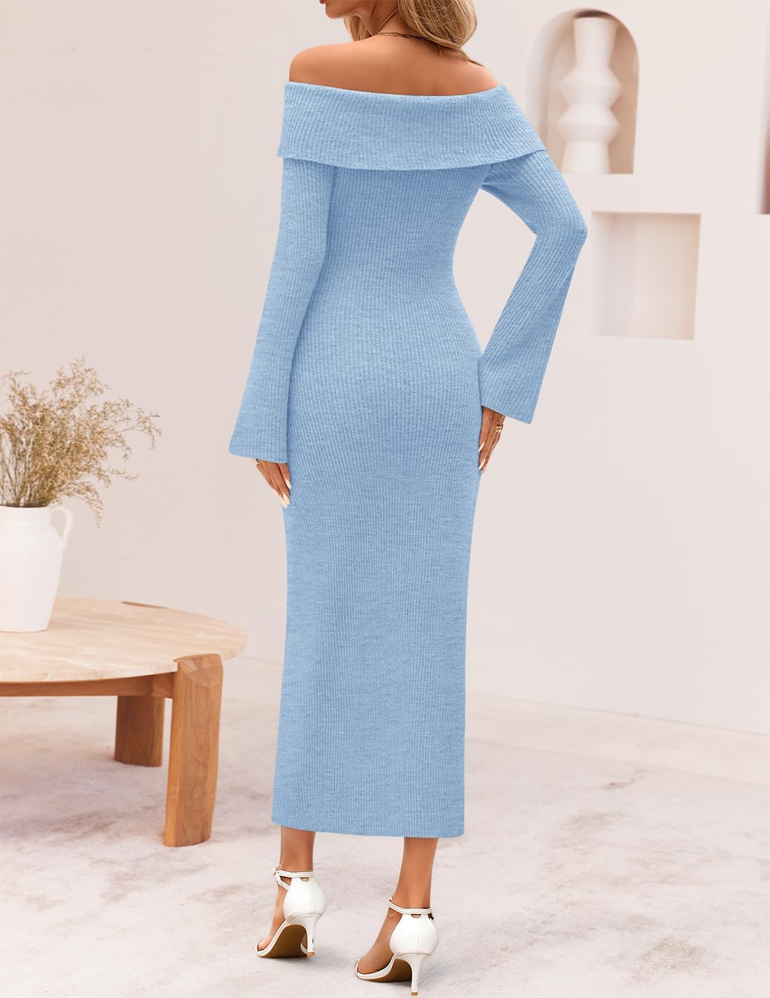 ZESICA Women's Fall Off Shoulder Sweater Dress 2025 Bell Long Sleeve Ribbed Knit Bodycon Formal Maxi Dresses - Image 3