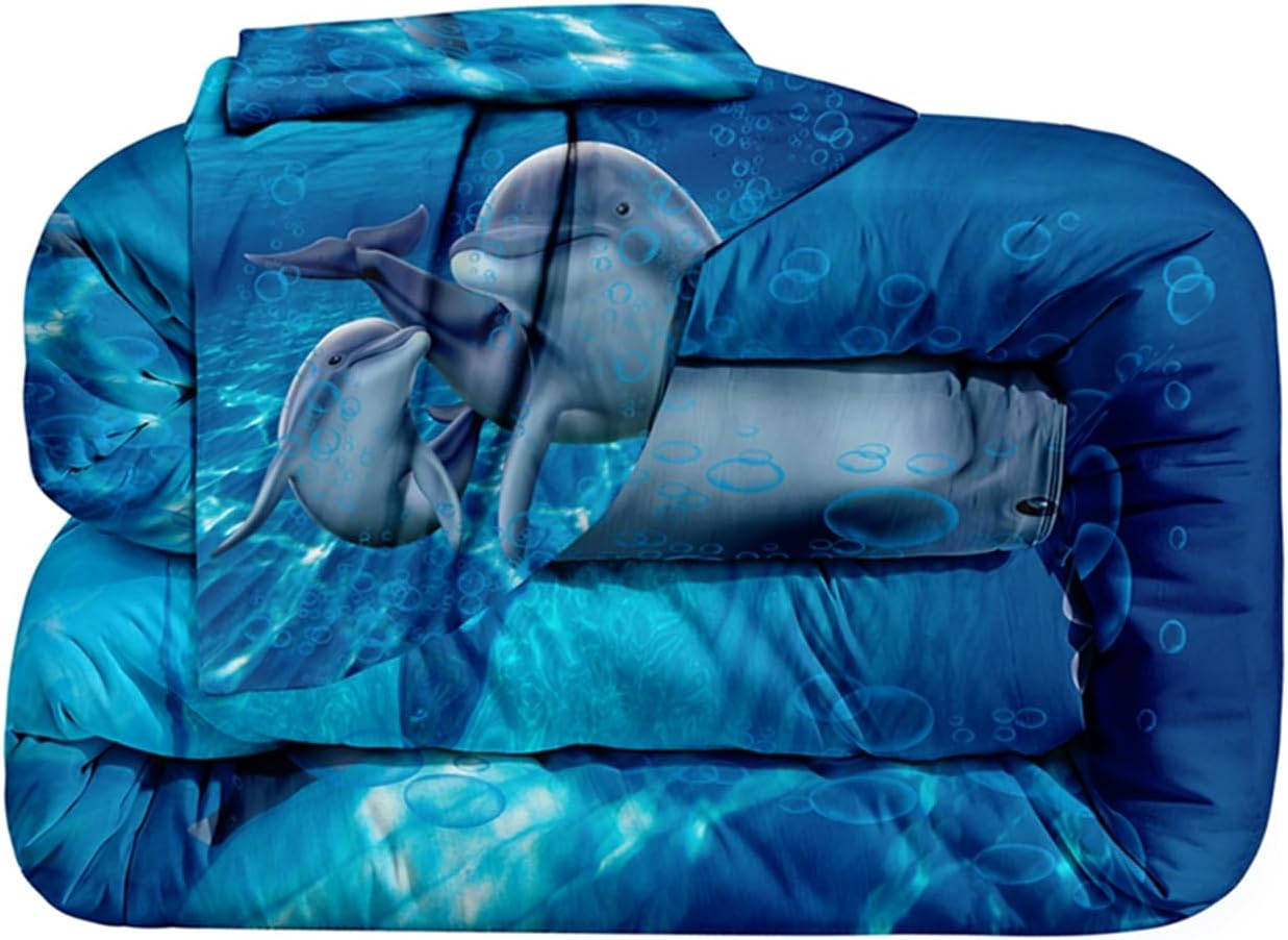 Dolphin comforter set Queen Size Bed in a Bag Cute Dolphin Jumping Blue Ocean Themed Bedding Set for Boys Girls Room Decor with Comforter,Pillow Shams,Flat Sheet,Fitted Sheet,Cushion Cover(Queen6Pcs)
