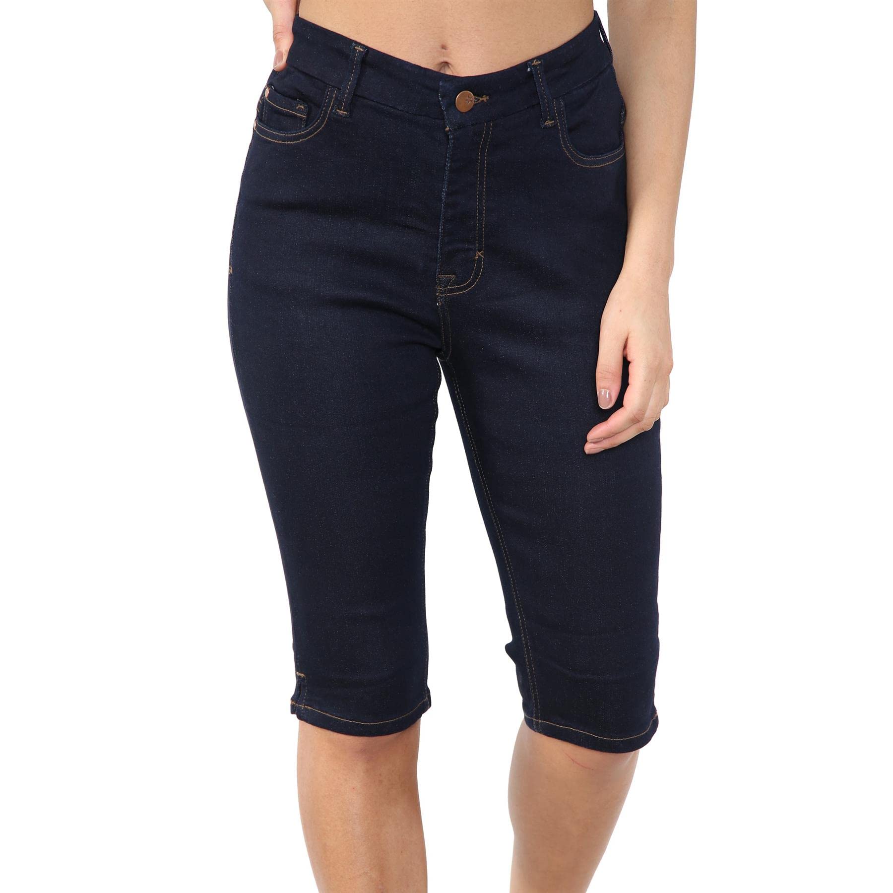 MYT Womens High Waist Denim Shorts Ladies Stretch Summer Knee Length Pants Indigo, 22
