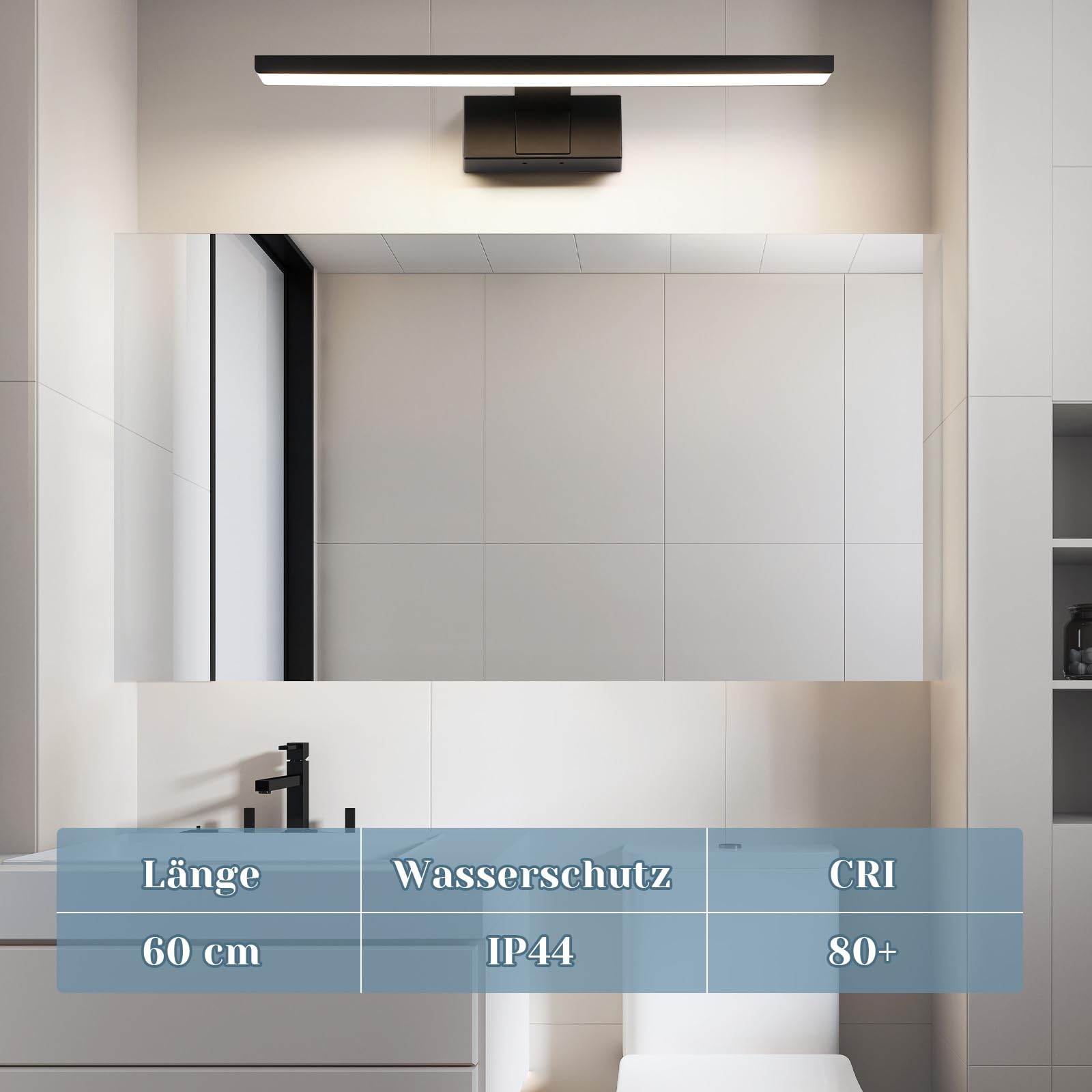 Homefire Lampa nad lustro łazienkowe, 60 cm, czarna, łazienkowa, wodoszczelna, IP44, nowoczesna, neutralna biel, 4000 K, lampa ścienna do piwnicy, kuchni, szafki łazienkowej