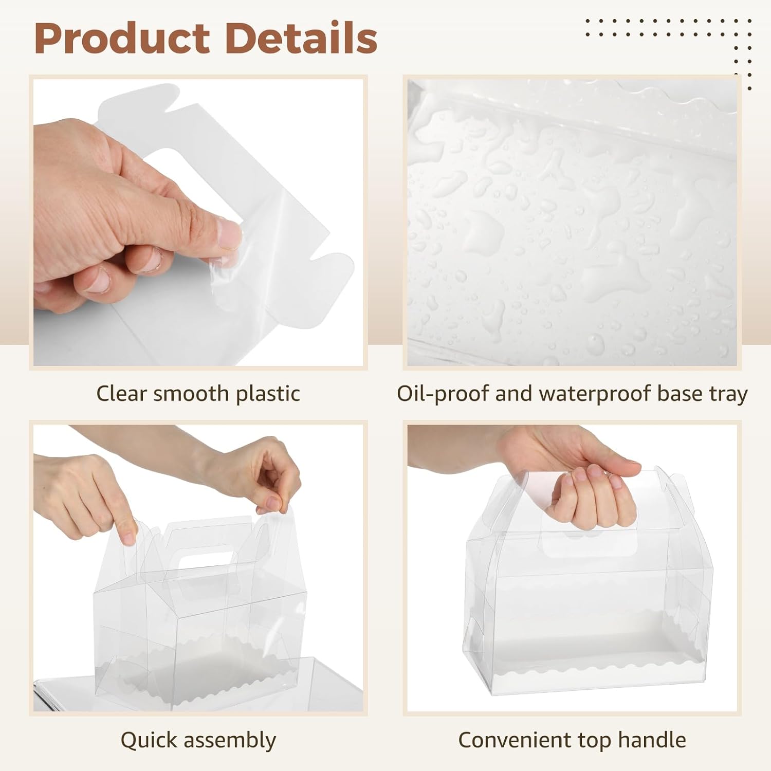 30 Pcs Clear Cake Boxes with Handle, Transparent Plastic Heightened Dessert Containers, 6.5 x 3.5 x 3.5 in Portable Gable Packaging with Base Tray for Pastry Display, Bakery, Party Favors