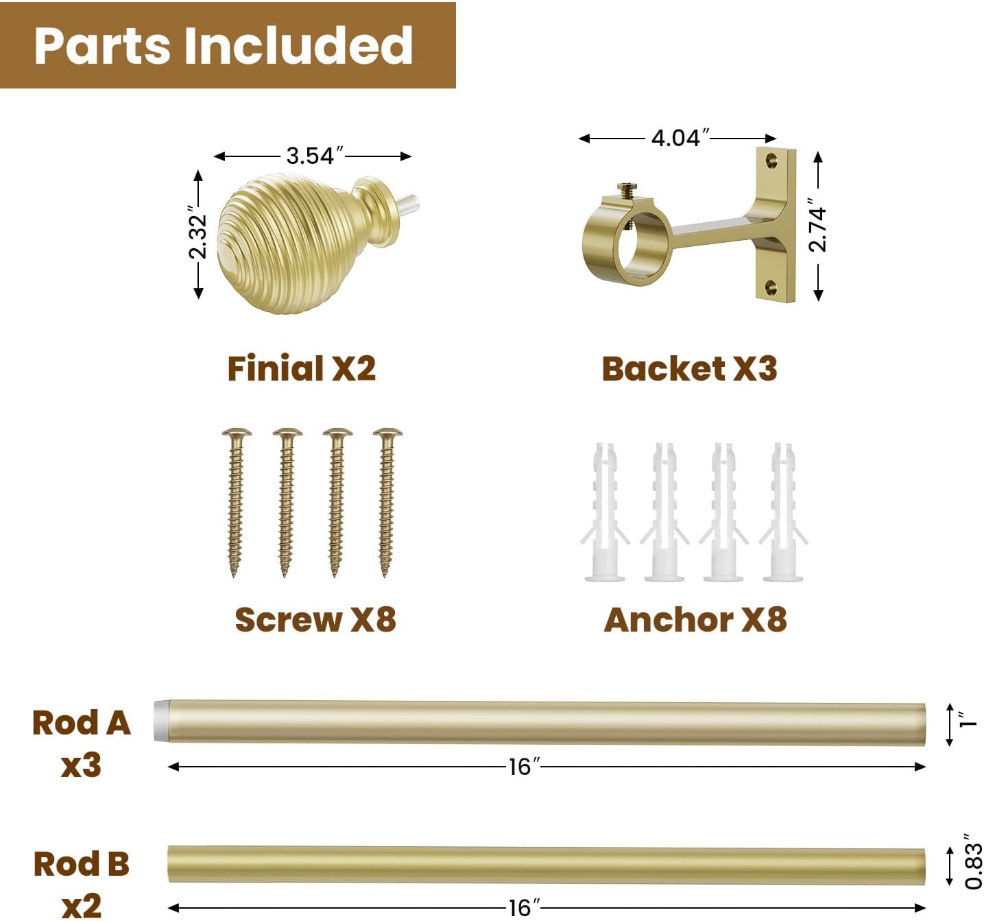 TOPROD Curtain Rods for Windows 32 to 80 Inch, 1 Inch Heavy Duty Curtain Rod Adjustable Single Window Rod Decorative Drapery Rods with Round Brackets,Gold