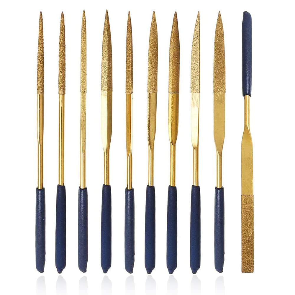 Mesee 10 Pcs Titanium Coated Diamond Needle File Set, 140mm Mini Diamond Files with 3mm Shank Soft Rubber Handles Variety Shapes Rifler Files Hand Tool for Jewelry Carving, Metal Glass Ceramic Filing