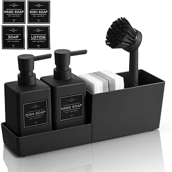 Washing Up Brush with Detergent Dispenser Kitchen Set for Bathroom Soap Dispenser Kitchen with Cleaning Brush Sponge and Holder Sink Organiser Slim Black