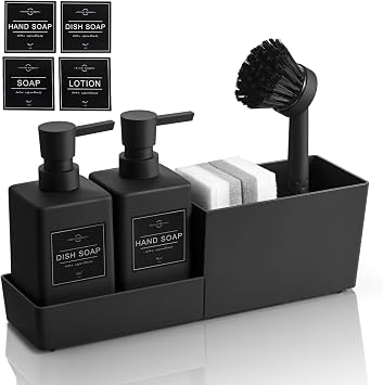4 in 1 Plastic Washing Up Liquid Dispenser Black Kitchen Soap Dispenser Set | AJEUNGAIN Hand and Dish Soap Dispenser Set with Brush & Sponge Holder - Compact Sink Caddy Organizer for Kitchen and Bathroom