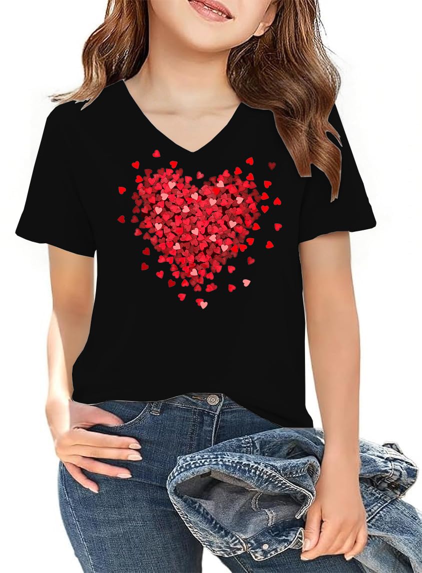LAZYCHILD Kids Valentine Shirt Girls Valentines Day Shirts Heart Graphic Long Sleeve Striped Tee Tops 5-14 Years