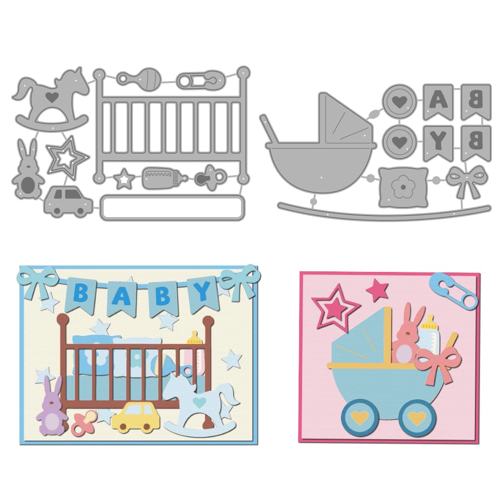 MAYJOYDIY Newborn Shaker Metal Die Cuts Star Bow Cutting Dies Rabbit Car Embossing Template for Card Making Crib Stroller Carbon Steel Stencils for DIY Scrapbooking Album Handbook Gift Decoration