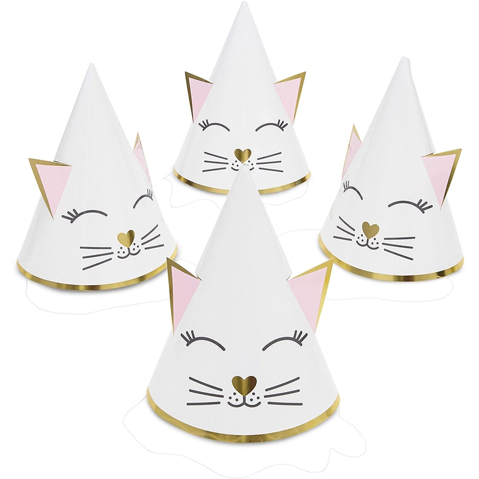 Sparkle and Bash Cat Birthday Party Cone Hats (White, Pink, 24 Pack)