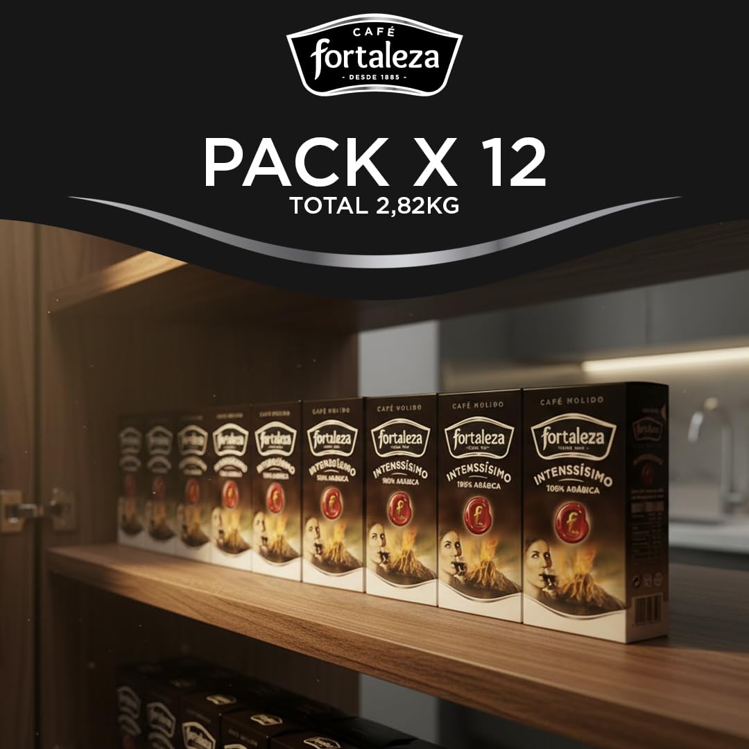 Café Fortaleza - Café Molido, Sabor Intenssisimo, Variedades Arábicas, Compatible con Cafeteras Italianas, de Filtro y de Émbolo, Pack 235g x 12 - Total 2,82kg