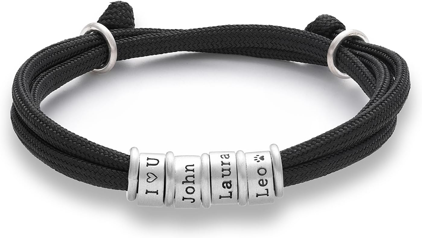 Custom Bracelets For Men Adjustable Mens Bracelet Personalized ONE SIZE FITS ALL 925 Sterling Silver Beads Handmade Paracord Jewelry Fathers Day Christmas Birthday Gifts for Him Dad Grandpa Son Kids
