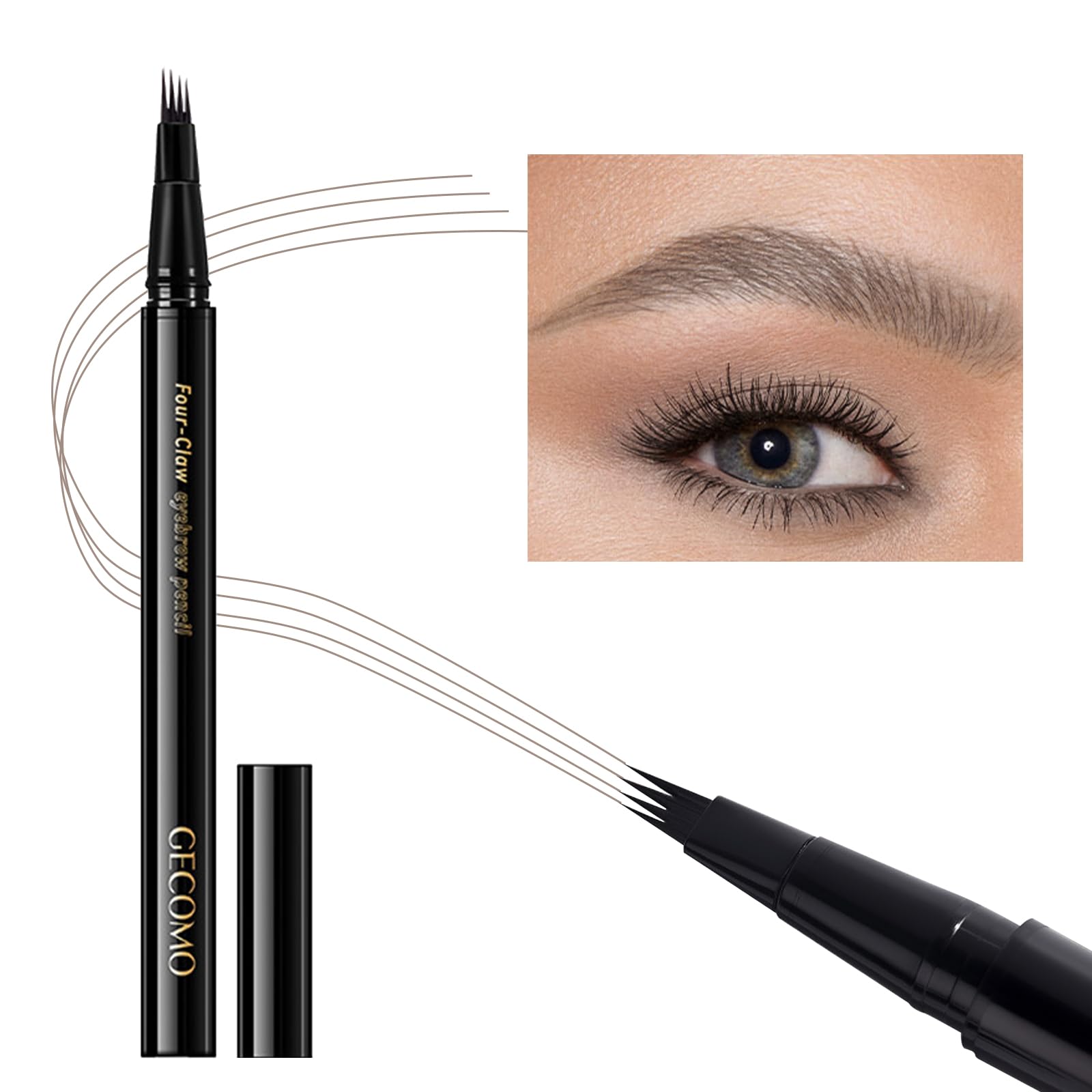 Erinde Lápiz de cejas 3D resistente al agua, lápiz de cejas microblading, dibujo de vello con 4 microhorquillas, tatuaje mágico, resistente a las manchas, maquillaje de ojos de larga duración (marrón