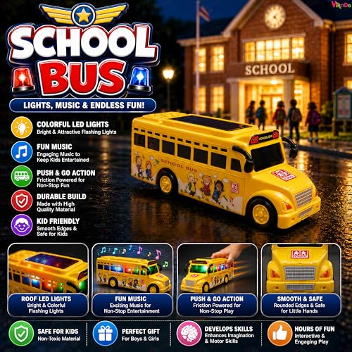 Image of VikriDA Friction Powered School Bus Toy for Kids | Light & Sound Battery Operated Vehicle with LED Effects
