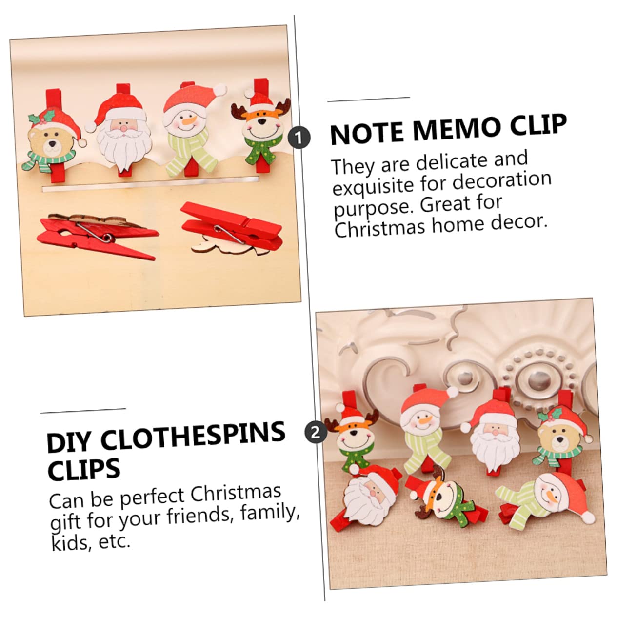 SOESFOUFU DIY Wooden Note Clips 24pcs Christmas Clips Decorative Clothes Pins for Christmas Decor Random Style