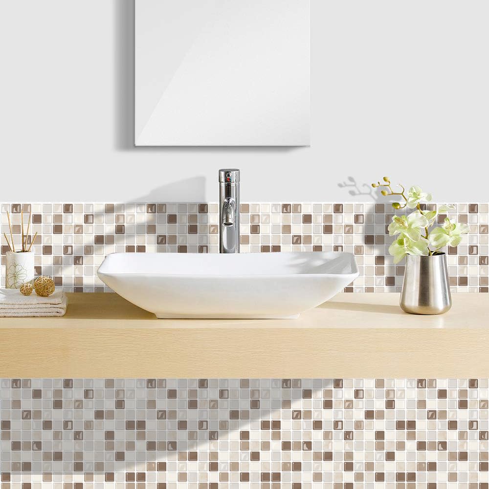 Alwayspon 10 adhesivos de vinilo 3D de mosaico para pared, despegar y pegar, impermeables, para azulejos de pared de cocina, baño, mezcla de beige y marrón