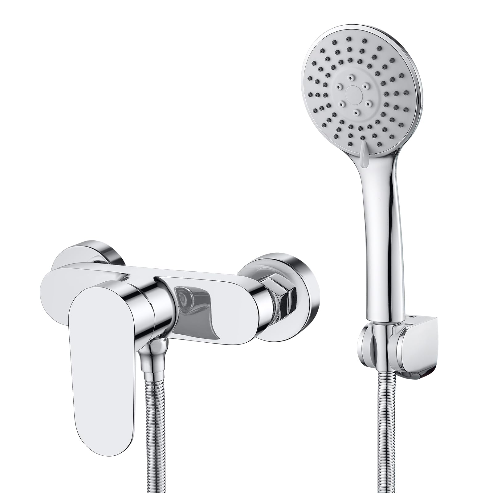 Duscharmatur Einhebelmischer mit Handbrause und Schlauch, Chrom | Mischbatterie Dusche Set, 3 Strahlarten Duschbrause, 1.5m Schlauch, Aufputz Wandmontage