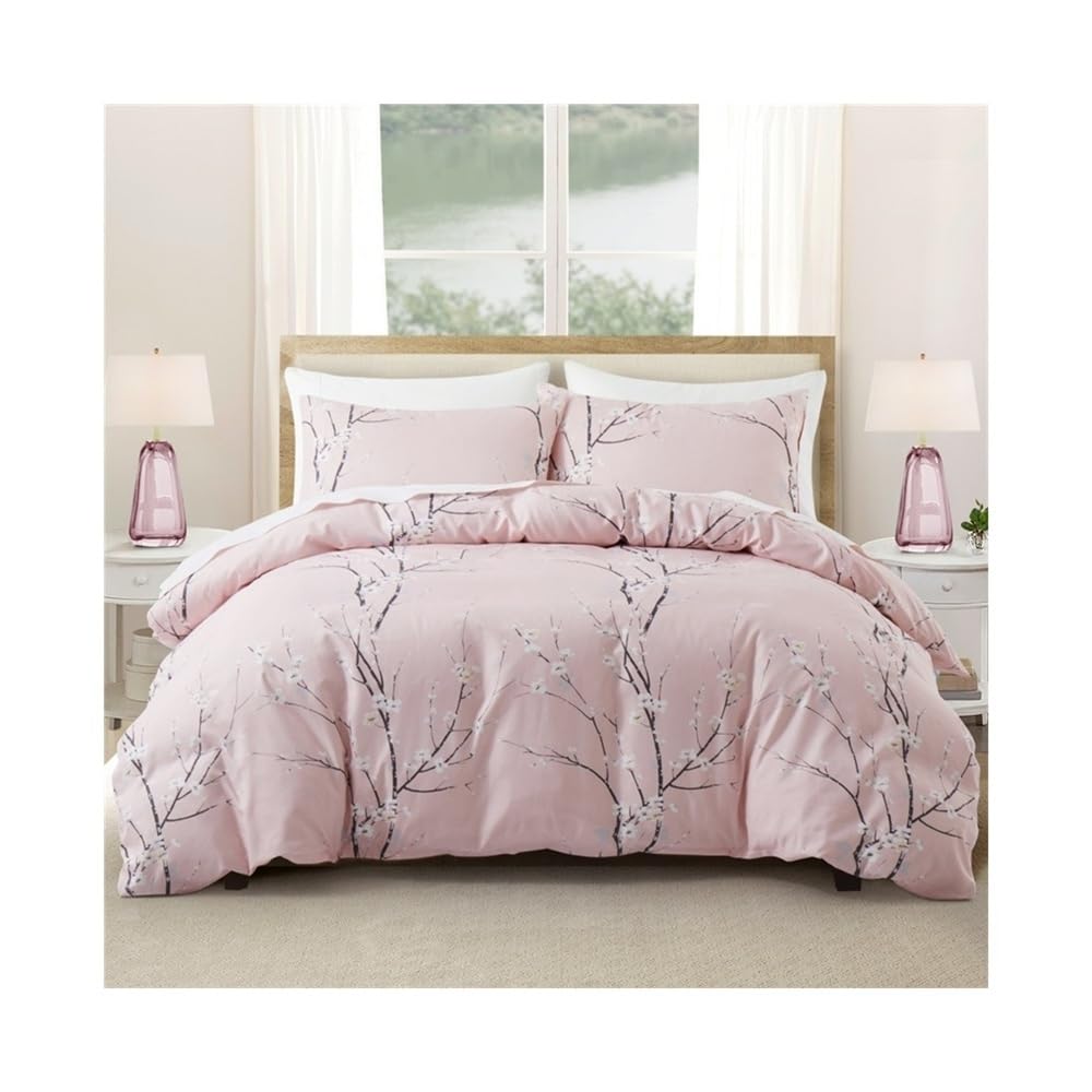 VHKJewE 2/3 Pieces Flower Plum Blossom Bedding Set Reversible Botanical Branch Comforter Cover with pillowcases Set(Pink,EU Double(200x200cm))