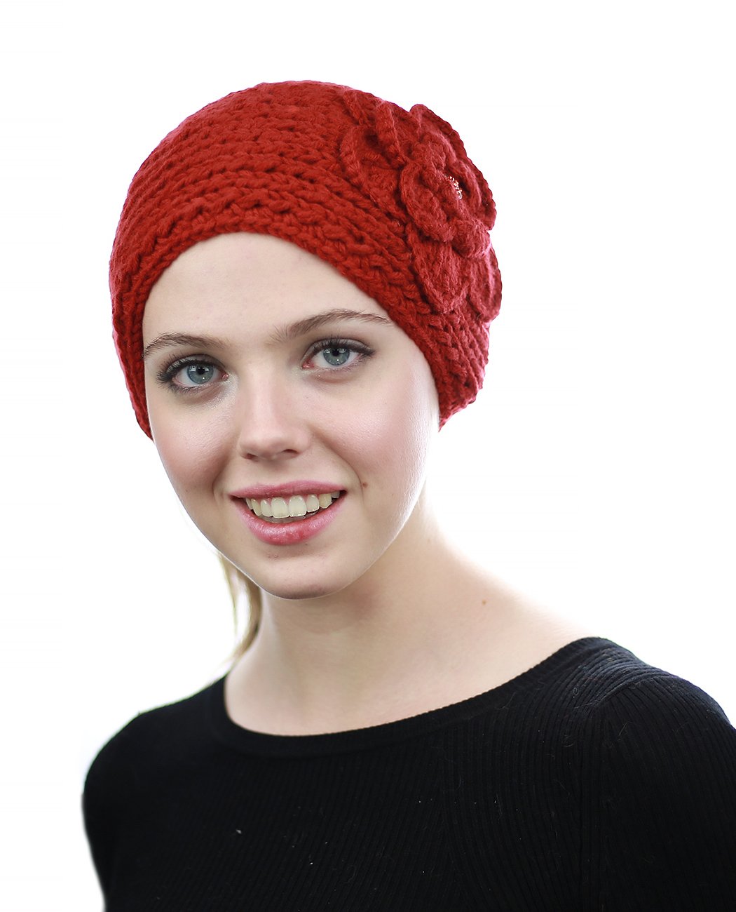 NYFASHION101 Stone Accent Hand Knitted Flower Winter Headband Headwrap, Orange