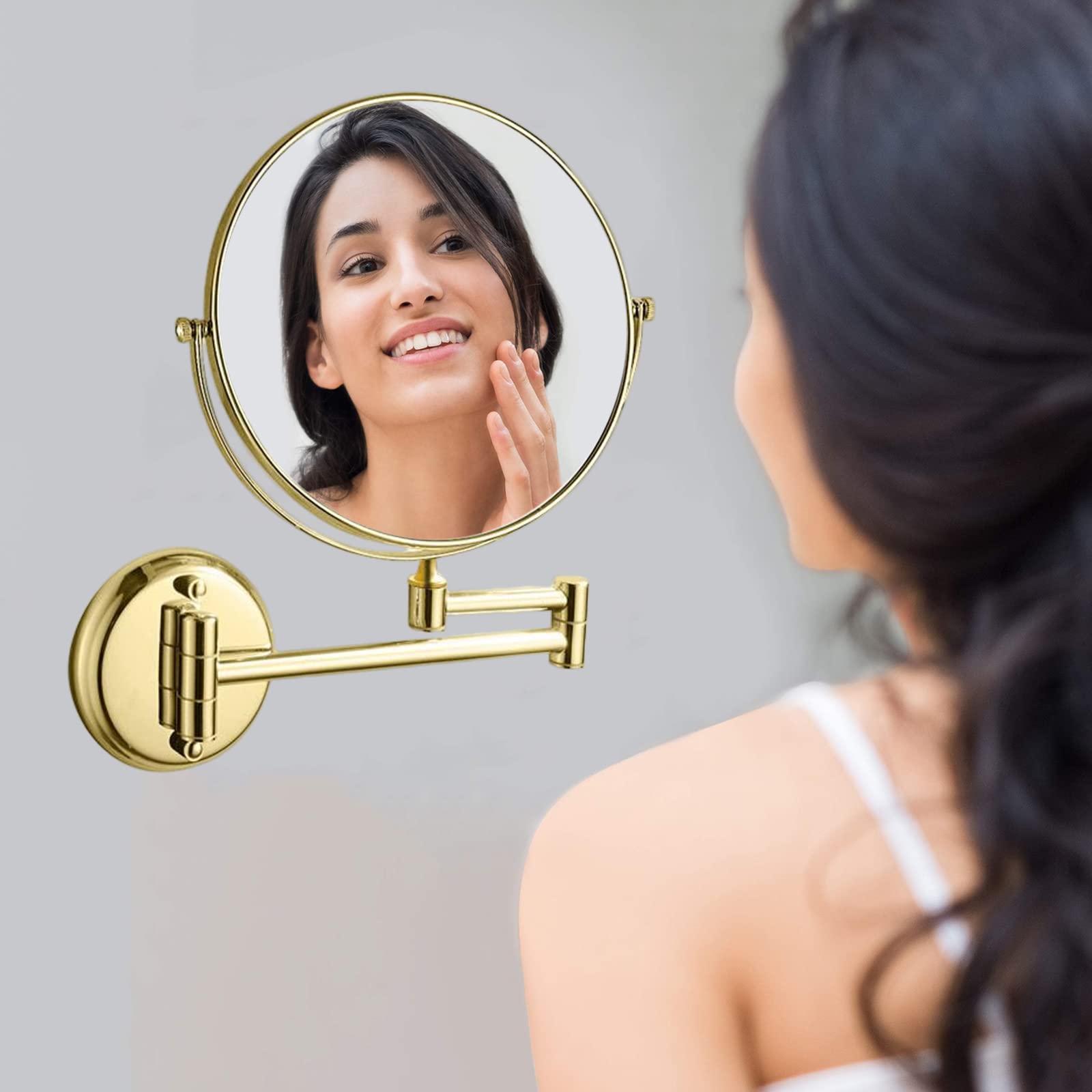 Miroir Maquillage Mural Grossissant X10 Doré - Double Face Extensible 360° Salle De Bain, Diamètre 20 Cm - DOWRY
