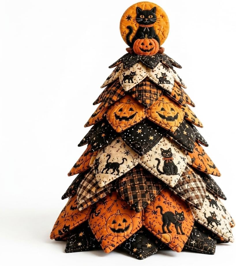 Sttlejura Halloween Quilted Fabric Tree Kit, Padded Patchwork Cat Craft，Black Cat Pumpkin