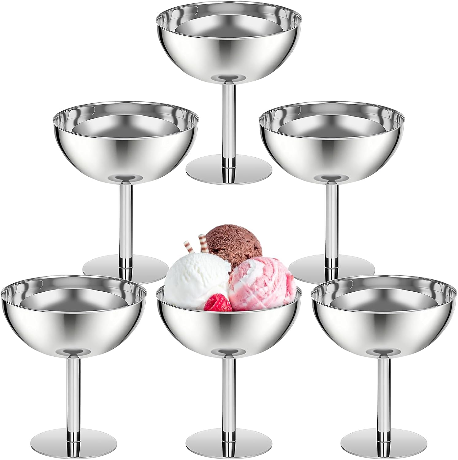 BSTKEY 6PCS Stainless Steel Dessert Cups for Party, 7oz Cute Footed Dessert Bowls for Ice Cream Trifle Fruit Pudding Snack Salad Condiment Sundae Sauce