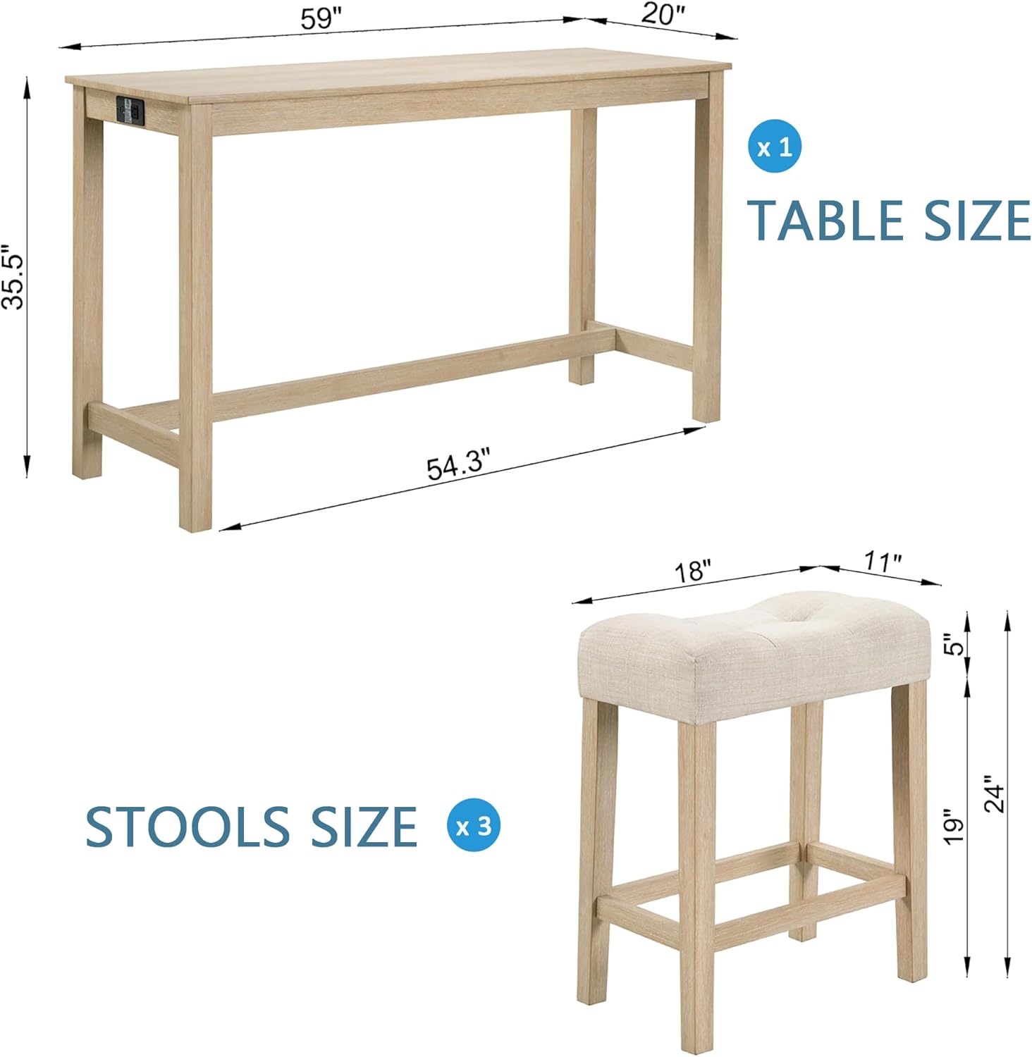 LZ LEISURE ZONE 4-Piece Bar Table Set with Power Outlet, Dining Bar Table and Chairs Set with 3 Padded Stools for Living Room/Dining Room/Game Room, Light Oak
