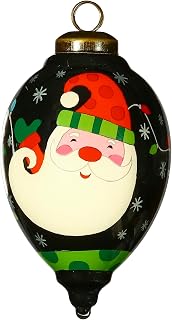 Ho Ho Ho Santa Ornament by Lori Siebert – Hand-Painted Glass Christmas Ornament – Black Background with Holiday Lights – Santa Christmas Tree Decoration – Festive Holiday Keepsake
