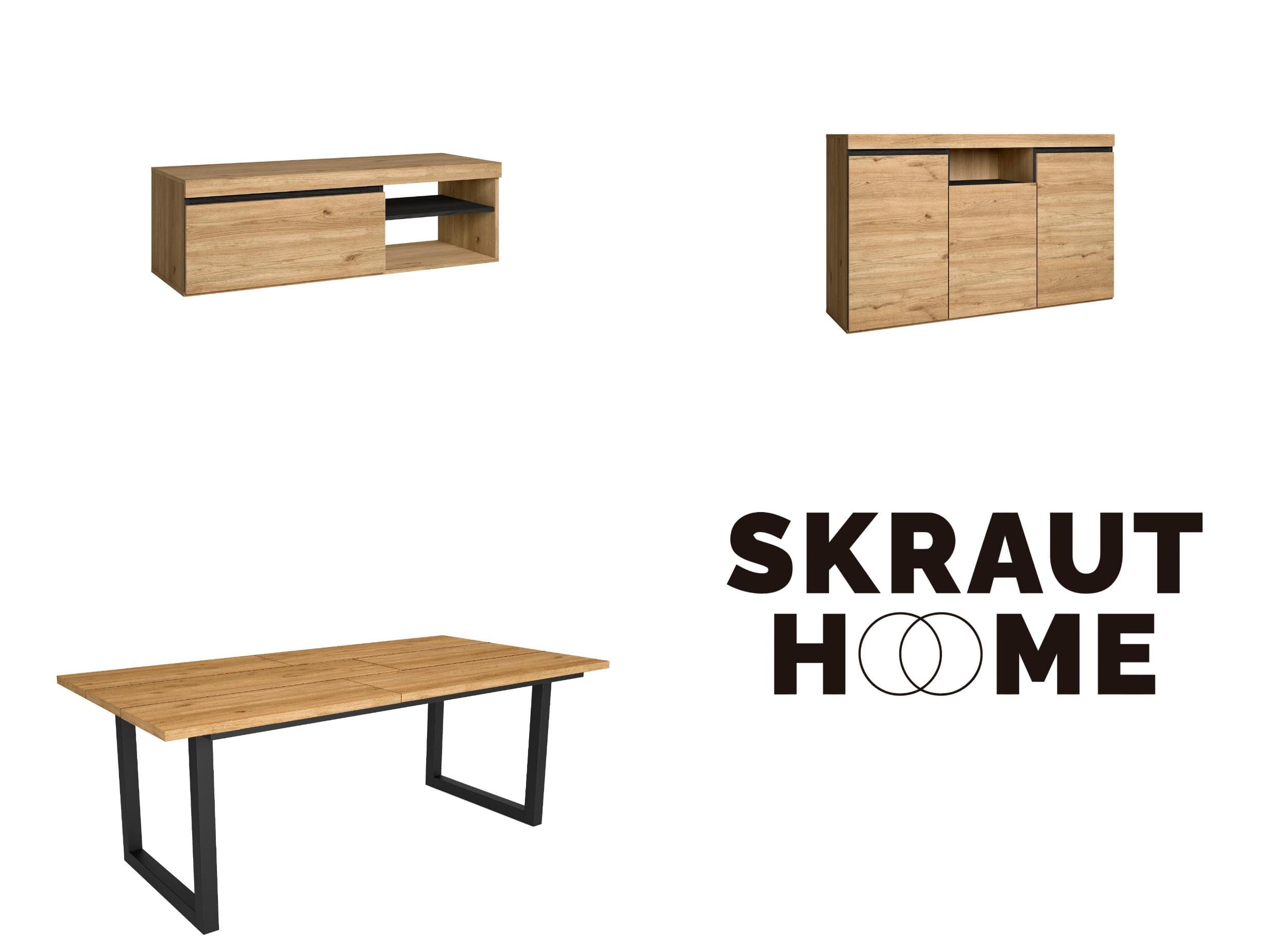 Skraut Home - Set di mobili per il soggiorno | Tavolo 200 piedi U 10 commensali | Mobile TV 120 | Madia/Credenza 140 | Rovere e Nero | Stile industriale