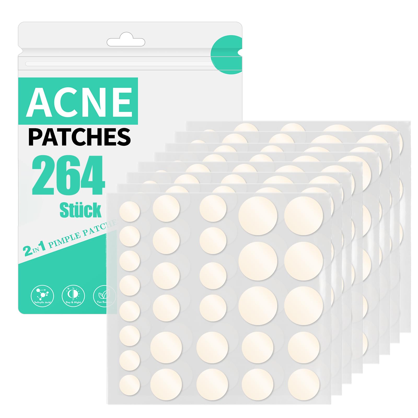 264 Parches Acne Hidrogel Pimple Patch Día y Noche 2 En 1 Parches Granos De Impermeables Transpirables y Invisibles (264PCS)