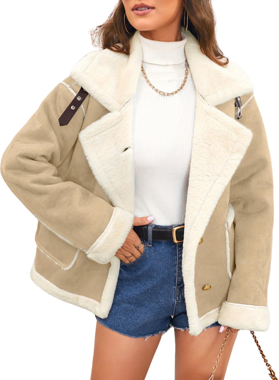 ChiaoLezhee Women's Oversized Faux Suede Sherpa Lined Jacket Fur Lapel Coat Warm Winter Trendy Outerwear